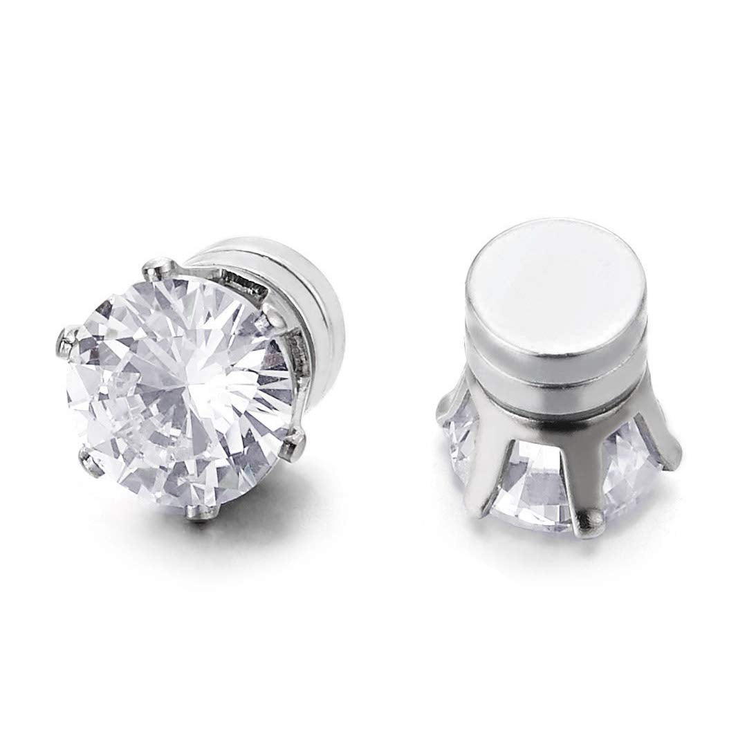 Unisex Magnetic Cubic Zirconia Stud Earrings, 6mm Brilliant Round Stainless Steel Non-Piercing Studs, 1 Pair
