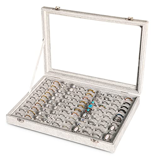 Frebeauty Ring Organizer Tray 100 Slots Ring Holder with Clear Lid Velvet Storage Box Jewelry Tray for Jewelry Store Earring Display Case for Jewelry Show Studs Box for Women(Grey) - color: Grey