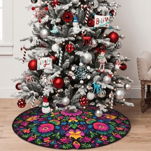 Mexican Flowers Christmas Tree Skirt 36 Inch Mexico Xmas Tree Mat Party Decor Supplies for Holiday Home Decorations