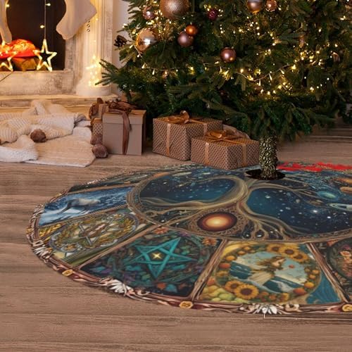 Novelty Wheel of The Year Christmas Tree Skirt 36 Inch Xmas Tree Mat Party Decor Supplies for Holiday Home Decorations