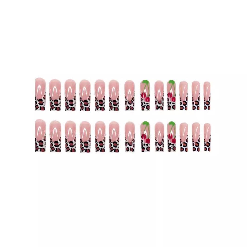 Red French Tips Press on Toenails Leopard Press on Nails Long Square Stick on Nails with Cherry Designs Glossy Skin Tones Fake Toenails Full Cover False Toenails for Women DIY Manicure 48Pcs