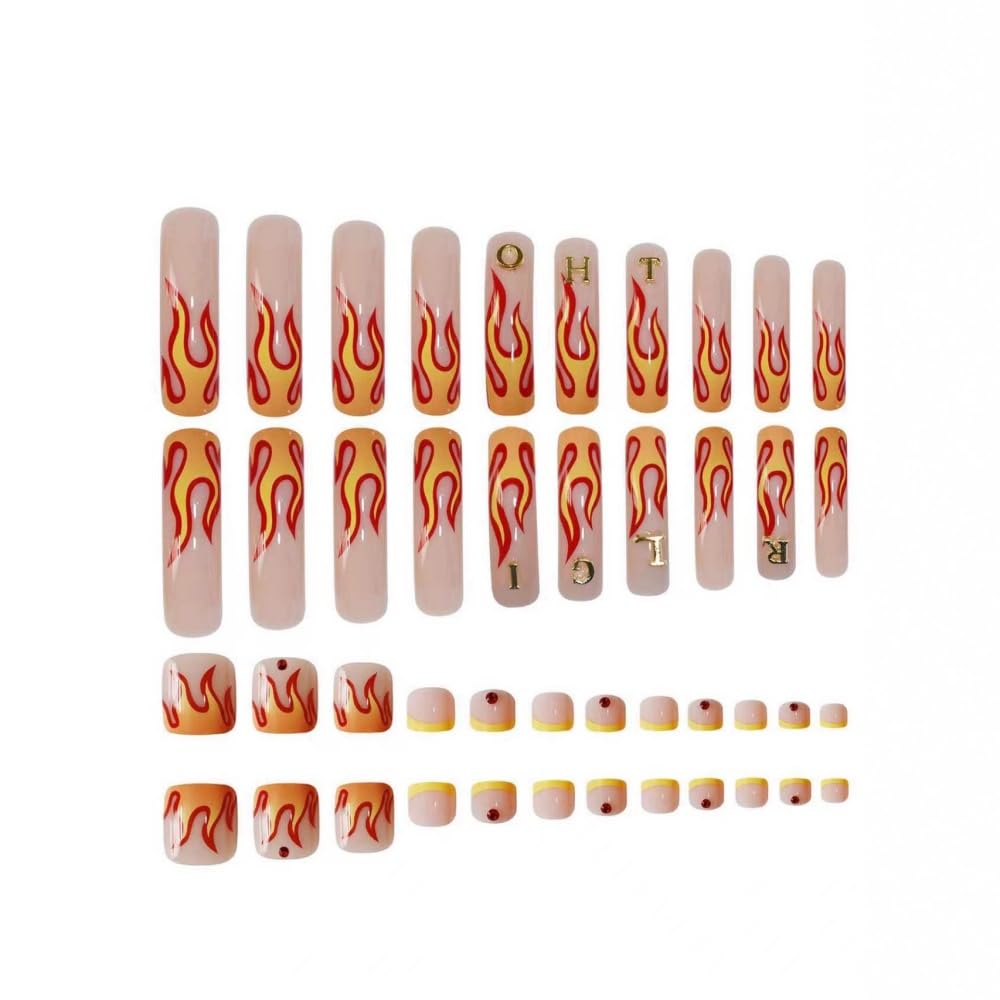 48Pcs Curved Press on Nails Orange Red Flame Press on Toenails Long Fake Nails with 5D Letters Charm Design Glossy Rhinestones Fake Toenails Glossy Full Cover Nails Press on Set for Women Manicure