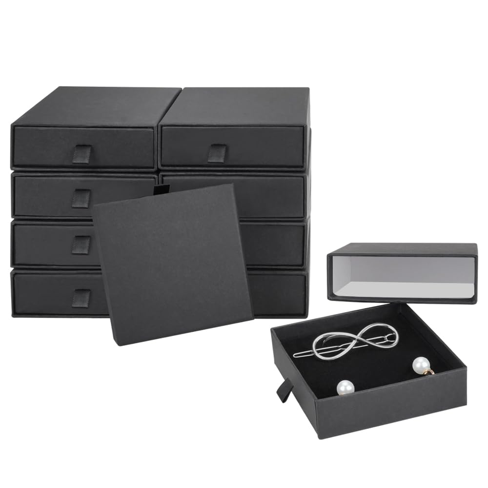 LIOUCBD 10 Pack Jewelry Gift Boxes, 3.5x3.5x1.2 Inch Cardboard Drawer Display Jewelry Boxes, Small Jewelry Boxes with Lids and Sponge Insert for Bracelets Rings Pendants Necklaces Earrings(Black)