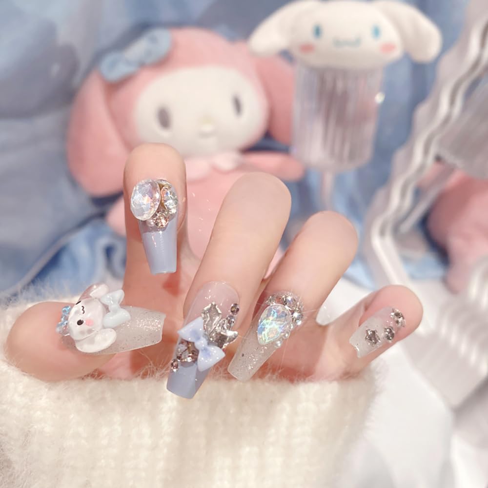 Tezocr Long Coffin Press on Nails 24pcs Cute Fake Nails with Gems Charms Cartoon Acrylic Nails Full Cover False Nails for Women DIY Manicure Party Nail Decoration