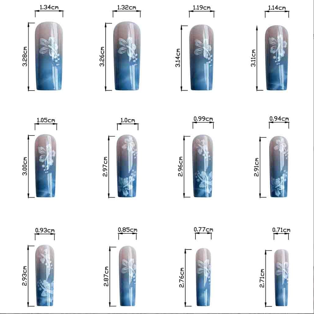 Foccna Square Blue Press on Nails Long,Fake Nails Acrylic False Nails Flower Design,Artificial Blue Nails for Women and Girls, 24 pcs