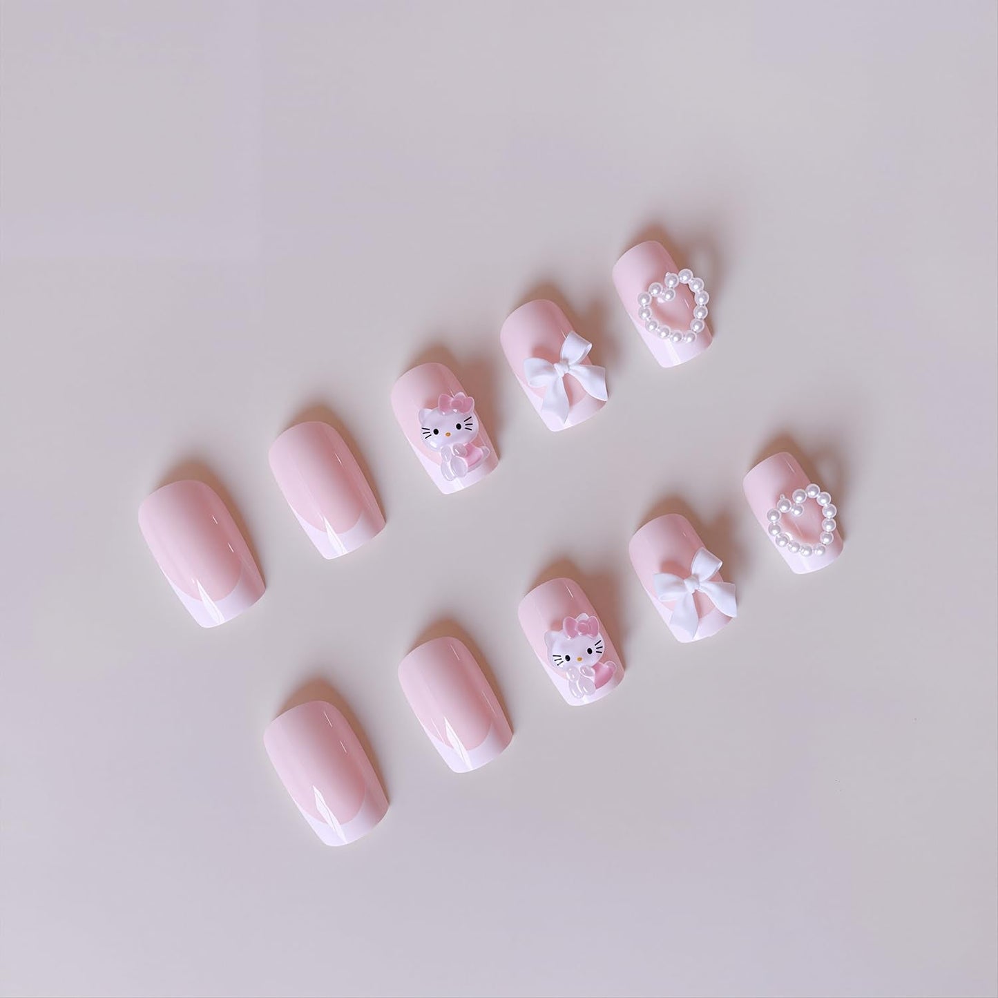 24Pcs White French Tip Press on Nails Short Square Fake Nails with Pearl Heart Designs Reusable Cartoon False Nails 3D Bow Acrylic Nail Cute Full Cover Glue on Nails for Women
