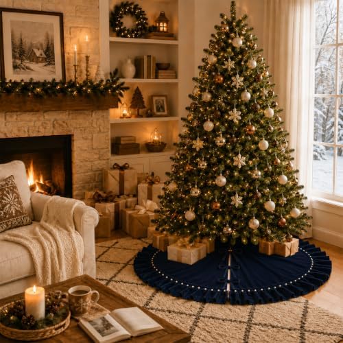 Christmas Tree Skirt,Velvet Tree Skirt with Ruffled Edge and Pearls, Classic Large Velvet Fur Plush Tree Skirt for Merry Christmas(Nevy,48Inch)