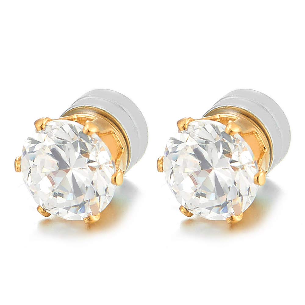 COOLSTEELANDBEYOND Unisex Magnetic Cubic Zirconia Stud Earrings, 6mm Round Gold-Tone Non-Piercing CZ Studs, 1 Pair