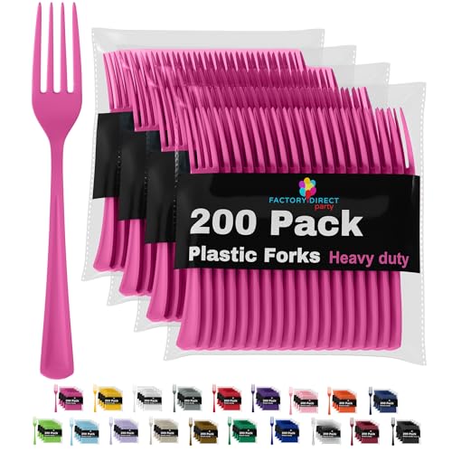Party Solids Hot Pink Disposable Plastic Forks, 200 Pcs, 7.5 Inch, Heavy Duty, Hot Pink, Plastic Silverware - color: Cerise
