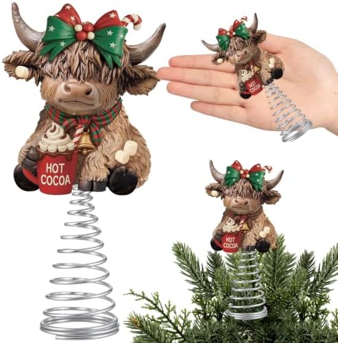 Gejoy Christmas Hot Cocoa Highland Cow Miniature Tree Topper 5.1 Inches Mini Resin Cattle Tree Top Decorations for Rustic Home Farmhouse Holiday Accents Party Decor, Thanksgiving Xmas Gift