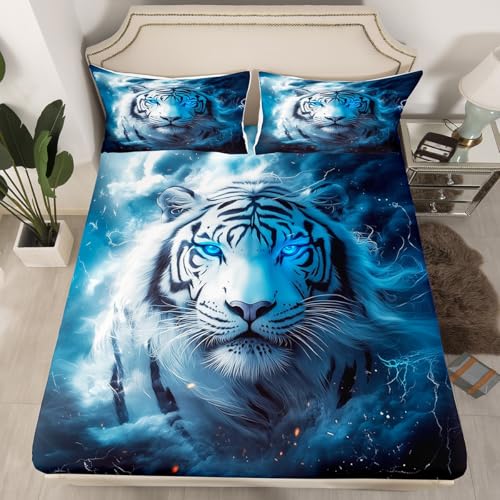Feelyou Tiger Bed Sheets Set Full Size Safari Cat Print Bedding Set for Kids Boys Girls Wildlife Sheets with Deep Pocket Fitted Sheet Wild Animal Bedding Set - color: Black Blue, size: Full
