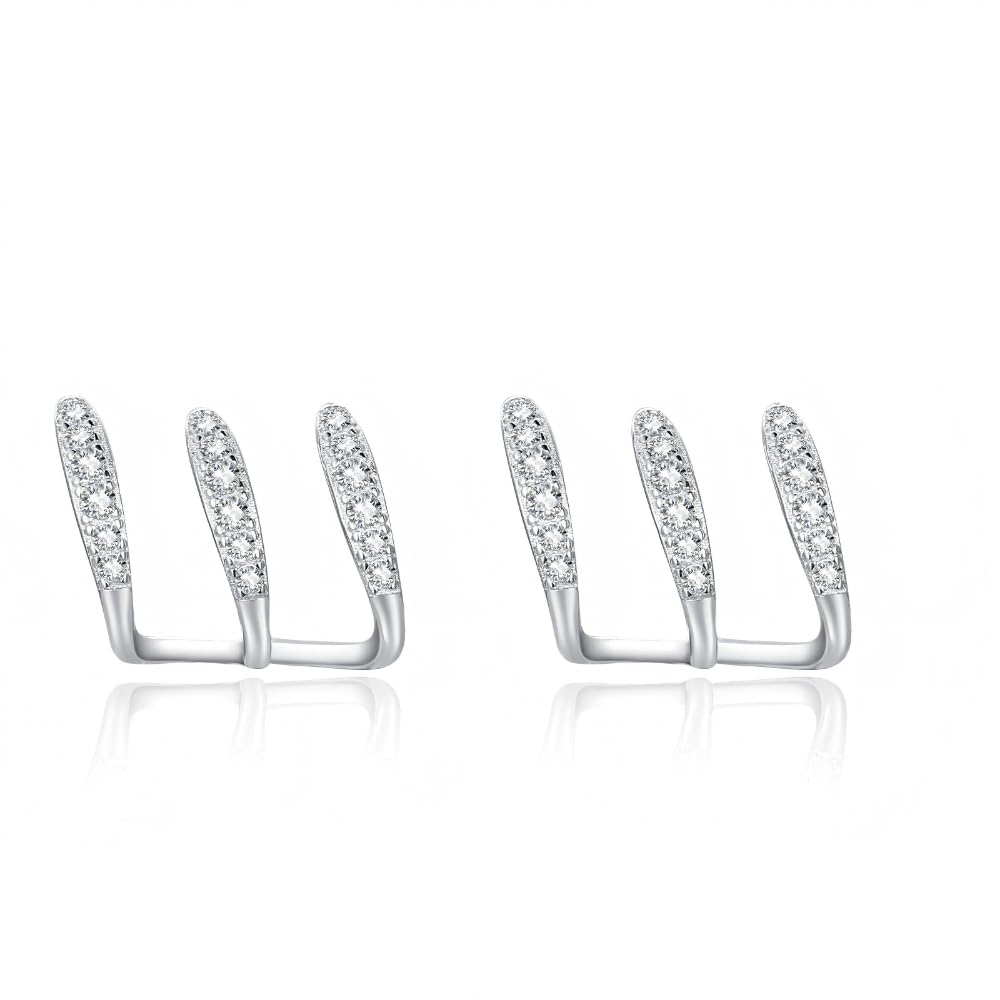 925 Sterling Silver Segment Triple Claw Curved Cubic Zirconia Earrings, Silver Hoop Earrings Stud Huggie Cuff Earrings