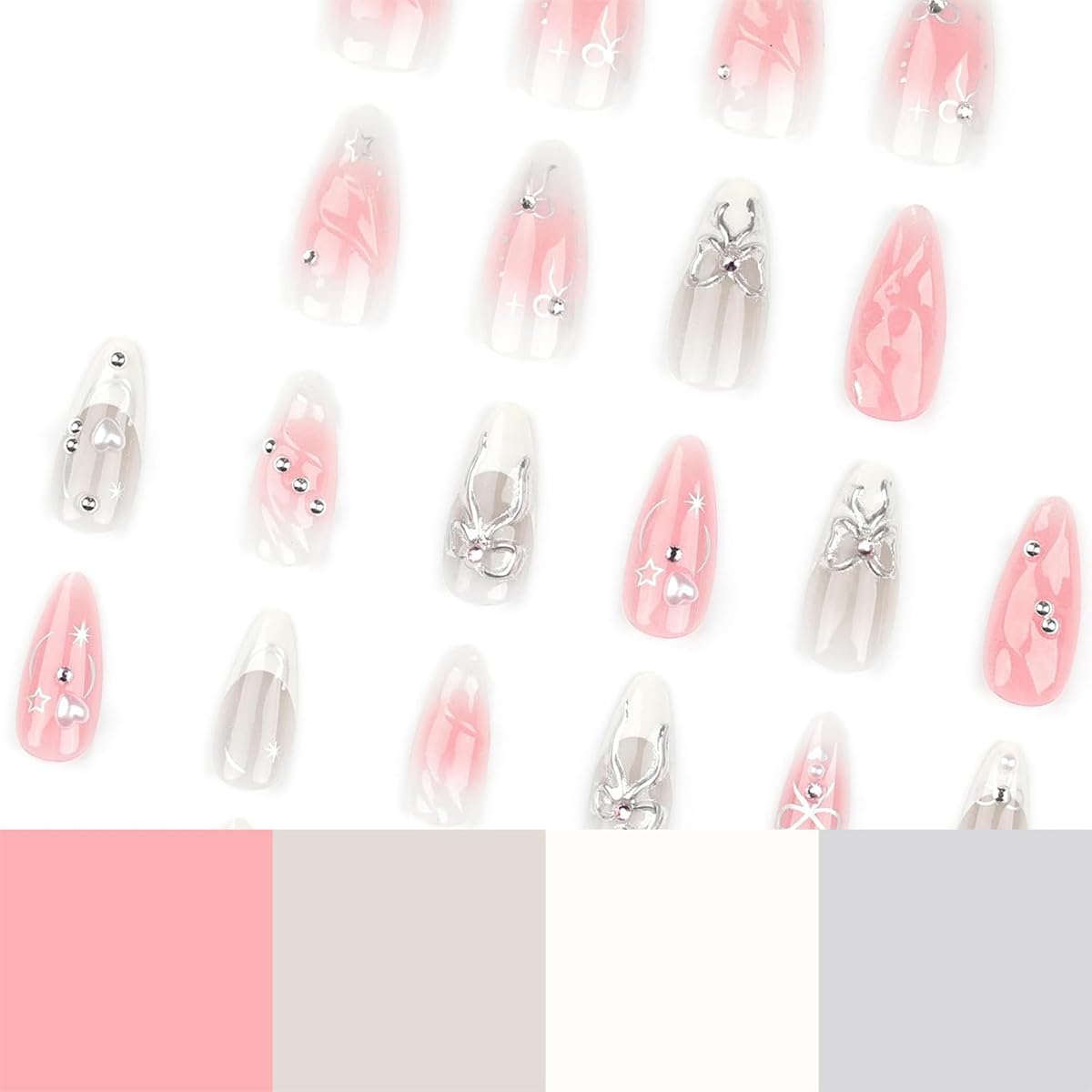 Pink Press on Nails Medium Almond False Nails Gradient Pink White Nails with Silver Bow & Rhinestone Design French Tip Fake Nails Reusable 3D Bow Glue on Nails for Women Party Wedding Manicure 24Pcs