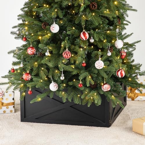 Glitzhome Christmas Tree Collar, 22" L Farmhouse Wooden Black Tree Collar Tree Base Cover, Decorative Christmas Tree Collar for 7.5ft Tree