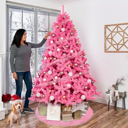 yuboo Pink Tree Skirt Fur,48 inches Large Fuzzy Fur Candy Tree Skirt Rug Pink Christmas Decor & Ornaments for 7-7.5Ft Christmas Trees, Spring Summer Birthday Wedding Decor