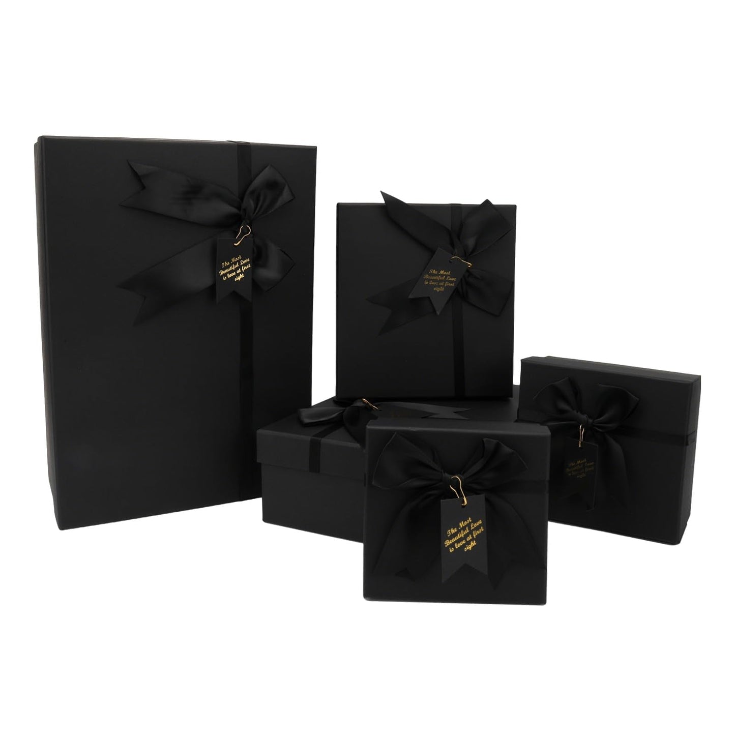 5 Pack Black Nested Gift Boxes with Lid for Valentine's Presents, Luxury Packaging with Ribbon Bows and Gift Labels for Thanksgiving, Birthdays, Weddings, and Mother's Day, 5 Sizes Included (13.6" to 4.9")