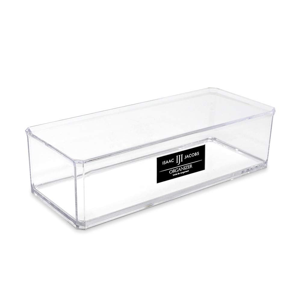 Isaac Jacobs Clear Acrylic Rectangular Stackable Storage Organizer, (9"L x 3.5"W x 2.5"H) Drawer Tray without Lid, Open-Top Organizer, Multi-Functional, Bathroom, Kitchen, Home, Office, Desk, Drawers