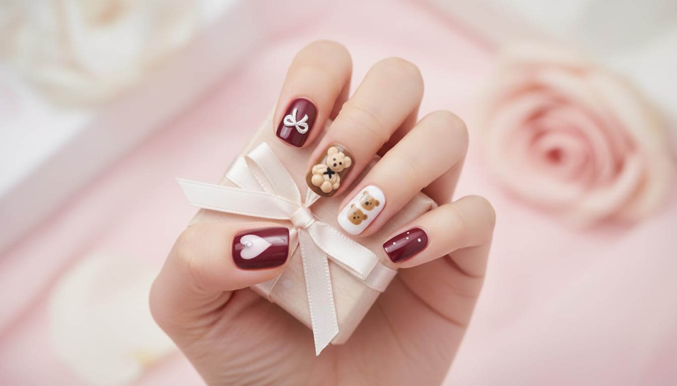 Cute Korean Press On Nails – Teddy Bear & Ribbon Heart Designs, Short Square Glossy Fake Nails, Reusable Stick-On Manicure Set (32 Tips / 2 Designs)