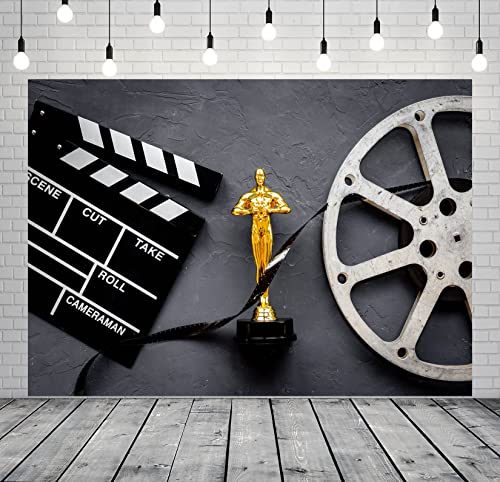 BELECO 12x10ft Fabric Movie Theme Backdrop for Photography Golden Movie Award Statue with Film Reel Video Tape and Clapper Board Background for Movie Night Theme Party Decorations Portrait Photo Props - size: 12x10FT