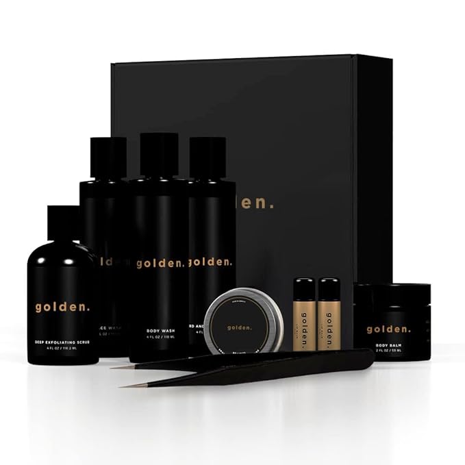 Golden Grooming Co. Men's Bath & Body Gift Set | Exfoliating Face Scrub, Face Wash, Lip Balm, Body Wash & 2-in-1 Beard & Hair Shampoo | Complete Grooming Kit for Men