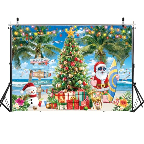 July Christmas Backdrop 10x8FT Summer Beach Santa Claus Christmas Tree Photography Background Tropical Hawaiian Xmas Party Decorations Supplies Photo Props - size: 10x8FT: 120x96 inch