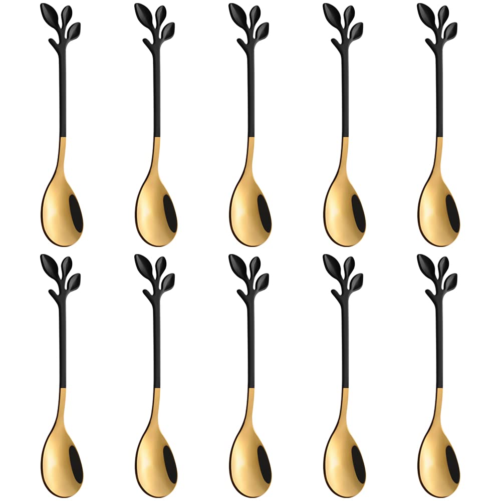 AnSaw Small Coffee Spoon Holder Set,Black Swan Base With 10 Pcs Black & Gold Demitasse Espresso Spoons Set,4.7" Mini Leaf Dessert Spoon,Stainless Steel Tea Spoons