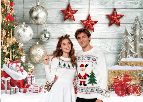 CHAIYA 8X6FT Christmas Backdrop White Wood Floor Photography Backdrop Winter Snow Xmas Tree Gift Family Christmas Party Photo Background New Year Party Decoration - size: 8′x6′