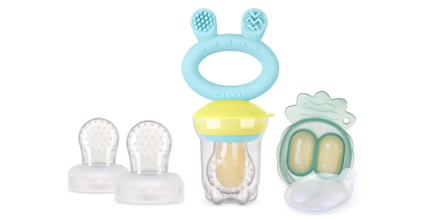 标题：Haakaa Baby Fruit Food Feeder with Mini Freezer Nibble Tray Combo & Silicone Replacement Pouch(Blue & Medium Size)