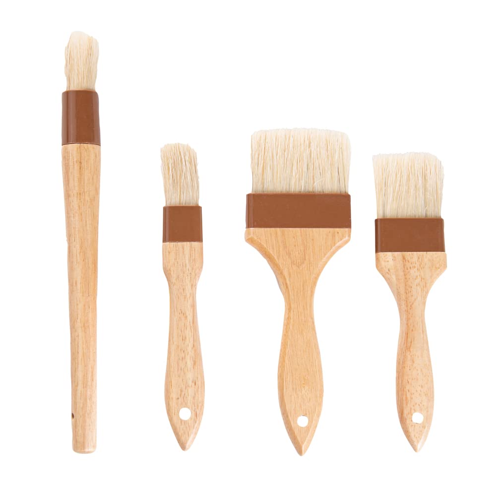 Restaurantware-Pastry Tek Wide Buttering Brush Set, 1 Set of 4 Boar Bristle Pastry Brushes - Hardwood Handle, Sturdy Ferrule, Wood Basting Brushes, Built-In Hanging Hole, For Glazing And Basting