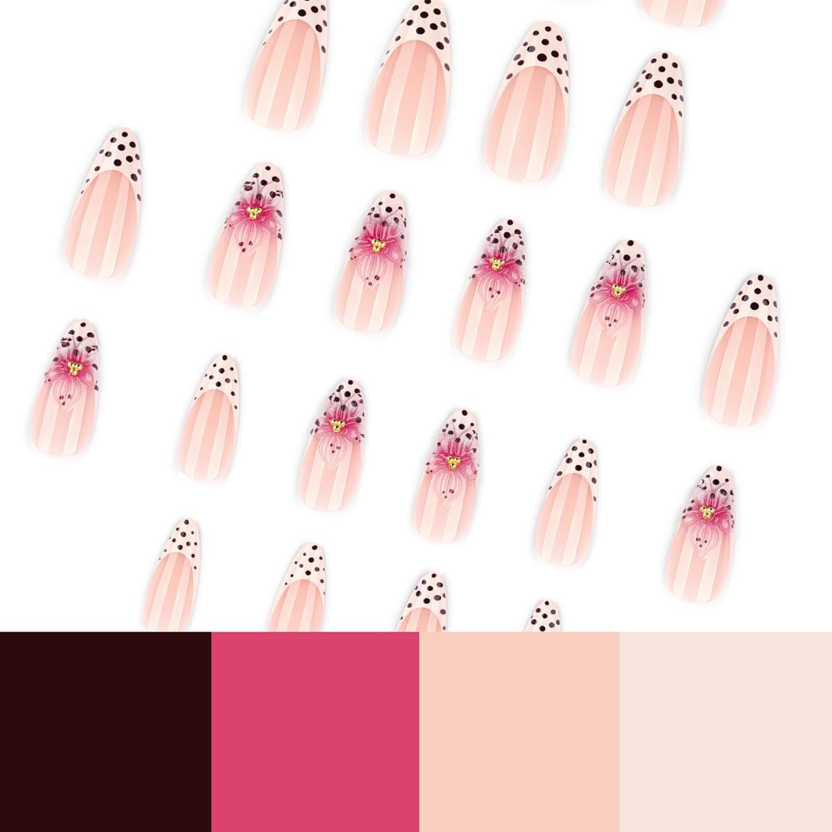 French Tip Press on Nails Almond, Medium Fake Nails with 3D Flower & Polka Dot Design, Soft Gel Nail Tips, Acrylic Nails Press ons, Reusable Full Cover Glue on Nails for Women 24Pcs