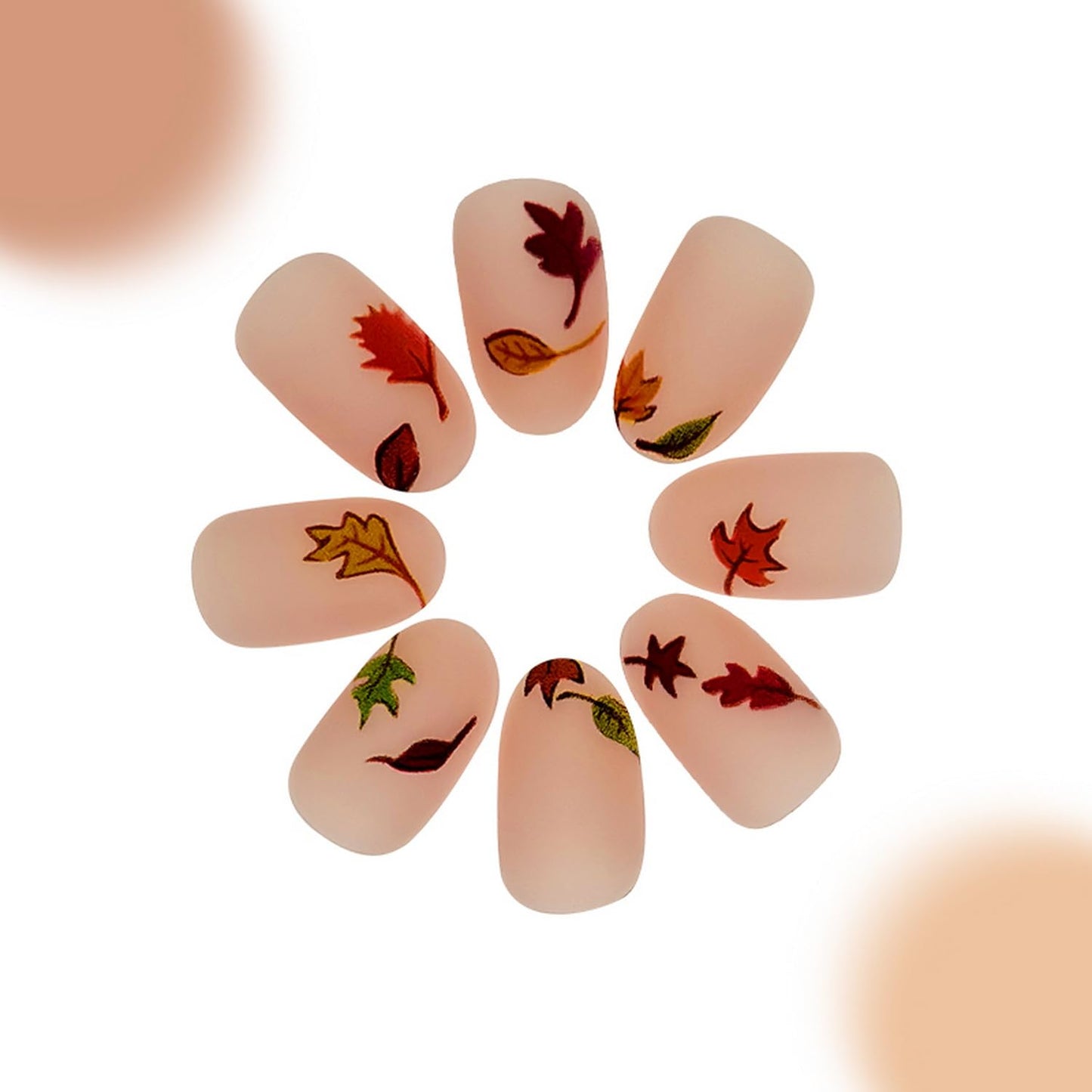 Fall Press on Nails Oval Fake Nails Full Cover Maple Leaves designs Acrylic Artificial Nails Nude Matte False Nails Gel Glue on Nails for Women Girls Autumn Nails 24pcs