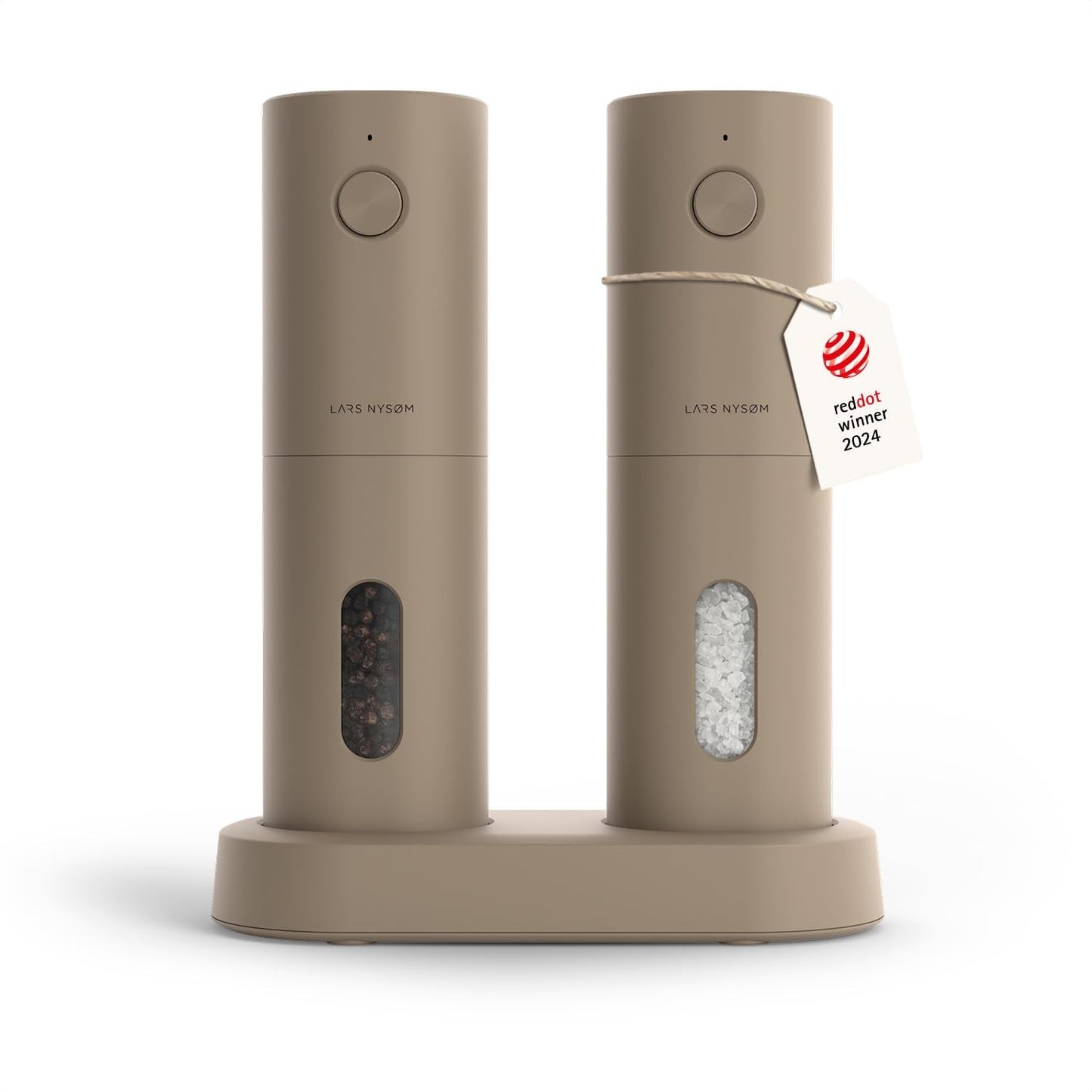 LARS NYSØM Electric Salt and Pepper Grinder Set, USB Rechargeable, Automatic Salt and Pepper Mills, Spice Shakers Refillable with LED Light, Adjustable Coarseness, Ceramic Grinder (Taupe Brown)
