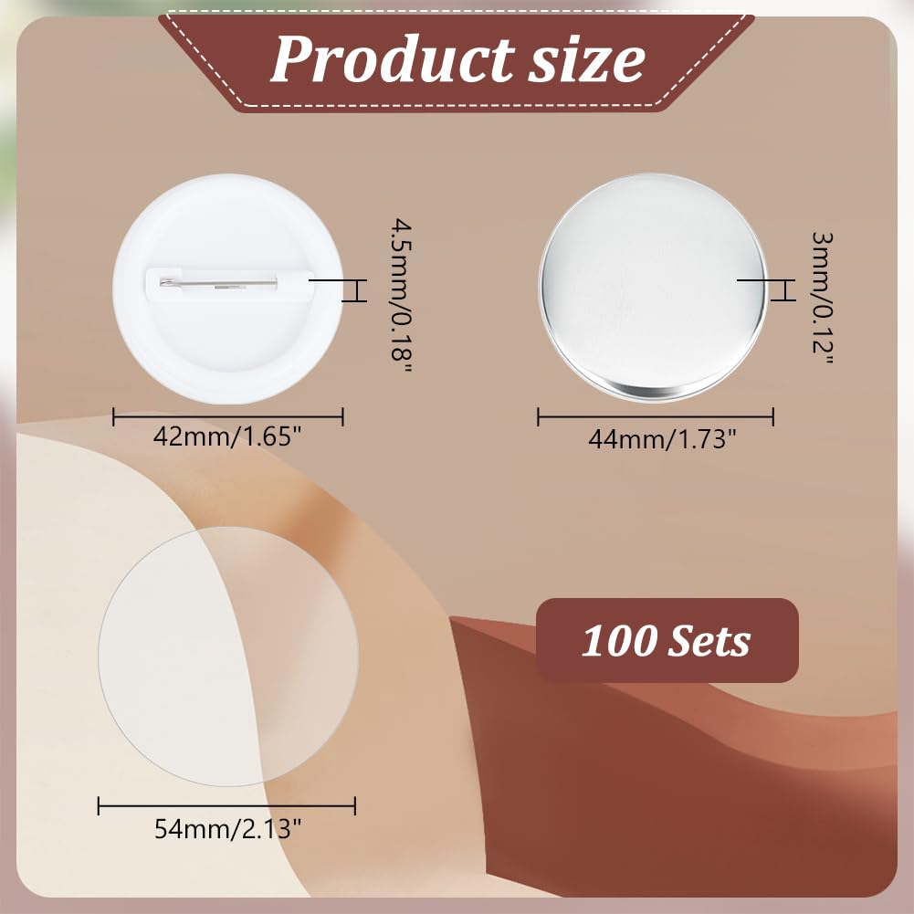 AHANDMAKER 100 Sets Button Maker Supplies, 1.73 Inch/ 44mm Pin Back Button Parts for Button Maker Machine, Round Badge Blank Button Pins, Includes Metal Cover, Plastic Pin Backs, Plastic Clear Film