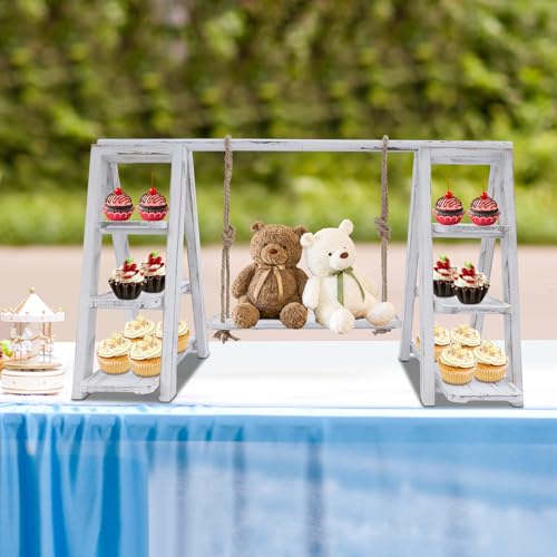 3 Tier Cupcake Stand 13.5in Wood Serving Tray Ladder with Removable Trays & Swing Plates, Foldable A-Shaped Table Display Set for Parties, Wedding, Home Decor