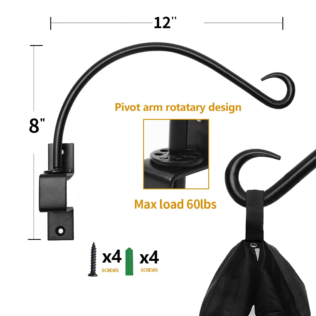 Maosen 12 Inches Swivel Plant Hangers Outdoor - 2 Pack Black Iron Plant Hanging Hook Bracket for Flowers Baskets Planter Pots Bird Feeder Lanterns Wind Chimes