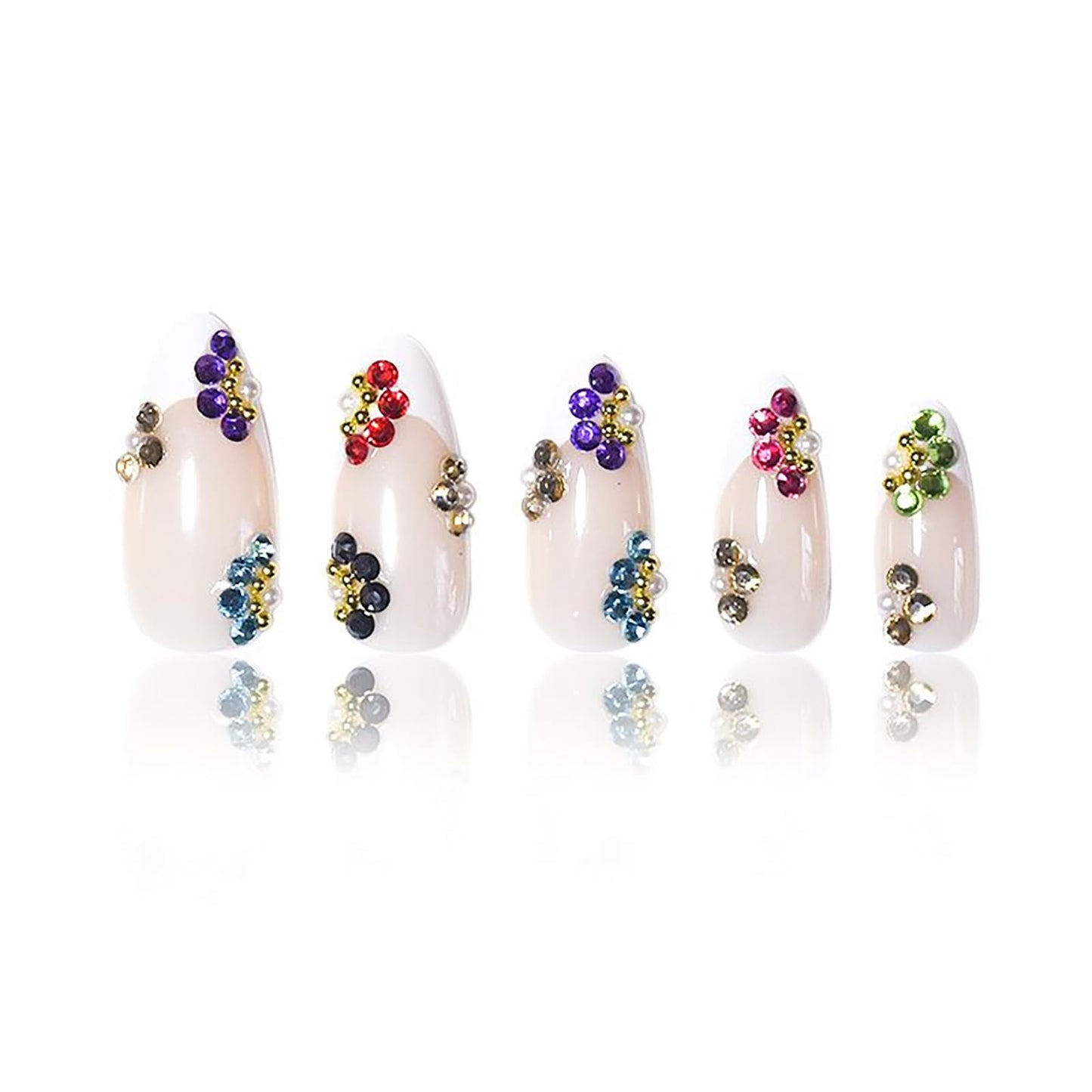 RUOKEXIN Long Press on Nails Almond Fake Nails White French Tip False Nails with 3D Flower Designs Stiletto Nail Press ons Sparkly Artificial Nails for Women 24Pcs