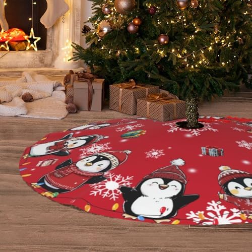 Red Cute Penguin Christmas Tree Skirt 36 Inch Xmas Tree Mat Party Decor Supplies for Holiday Home Decorations