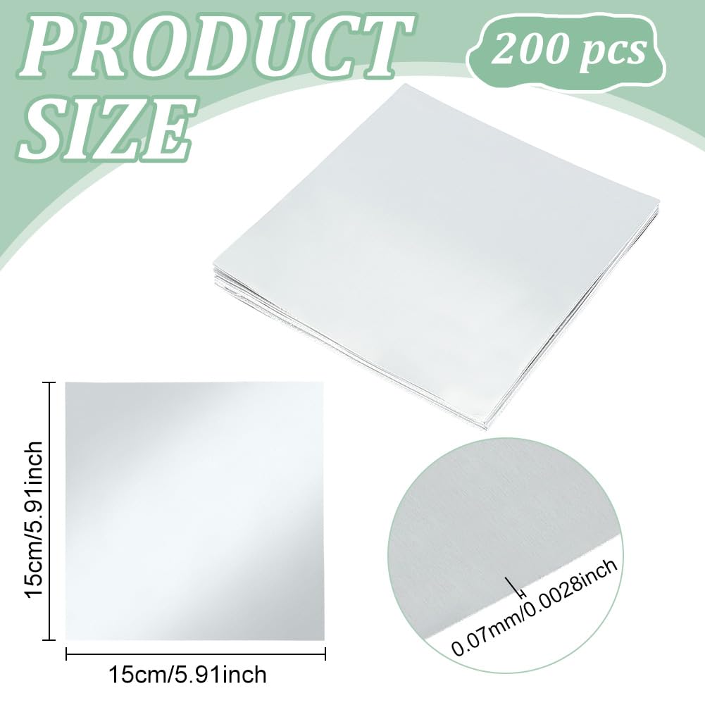 ORIGACH 200 Pcs Silver Embossing Foil Sheets Craft, 6 × 6 inch Aluminum Metal Crafts DIY Foil, 0.07MM Heavy Duty Foil Sheets for Art Projects, Engraving, Card Making, and Creative DIY Home