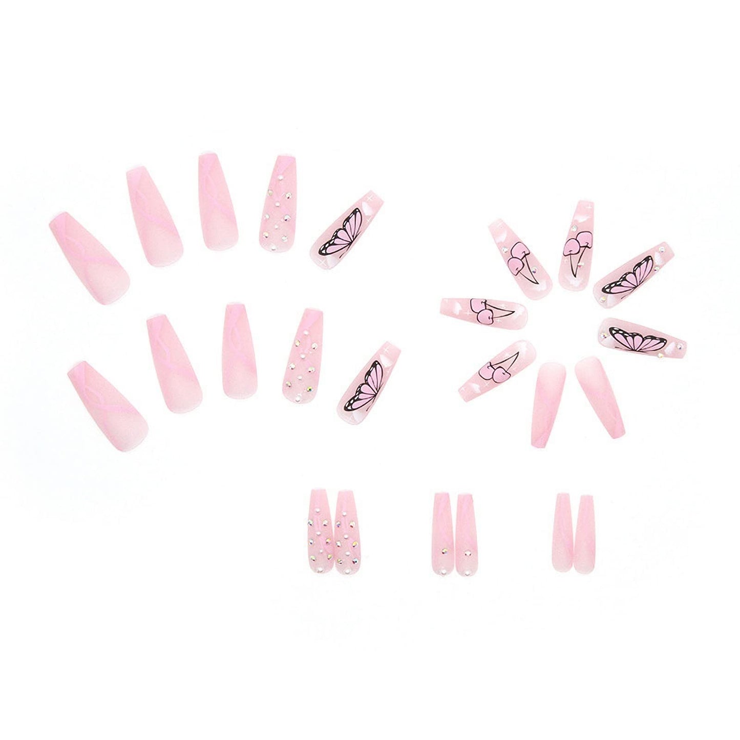 MISUD Press on Nails - Long Coffin Glue on Nails with Butterfly Rhinestone, Acrylic Pink Design 24 pcs