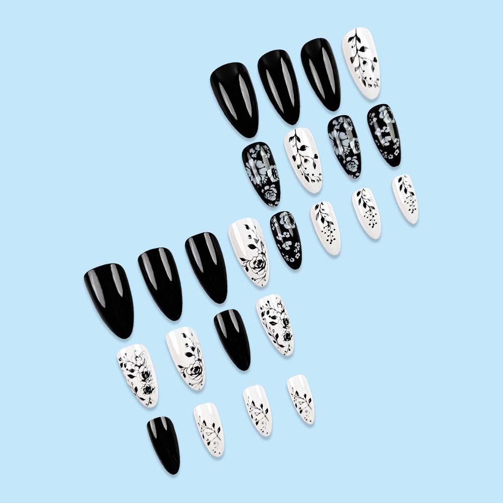 Almond Press On Nails Medium Fake Nails White False Nails With Flower Design Full Cover Acrylic Artificial Glossy Floral Glue On Nail Black Stick On Nail For Women 24pcs