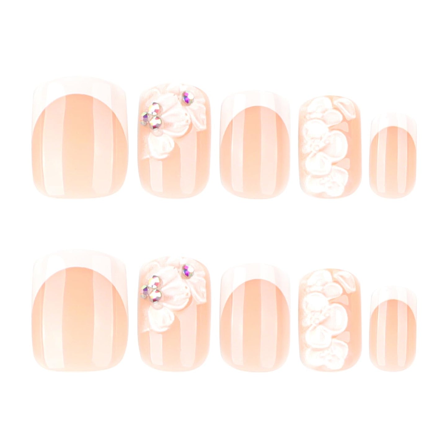 Handmade Press on Nails Extra Short Square MABKJLF White French Tip Fake Nails Embossed Flower False Nails with Floral Designs Full Cover Glossy Glue on Nails Acrylic Nails for Women Girls 24 Pcs