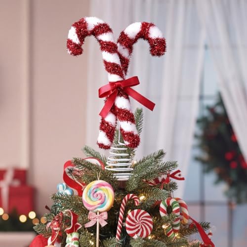 Gejoy Christmas Tree Topper Red Peppermint Candy Cane Bow Tree Topper 10.7 Inch Red and White Sparkling Candy Lollipop Xmas Toppers Christmas Ornament Decorations for Holiday Decor (Cute)