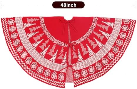 Knitted Christmas Tree Skirt,48 Inch Snowflakes Knit Christmas Tree Skirt Red Burgundy Tree Skirt Cable Knit Xmas Tree Skirt for Holiday Decoration