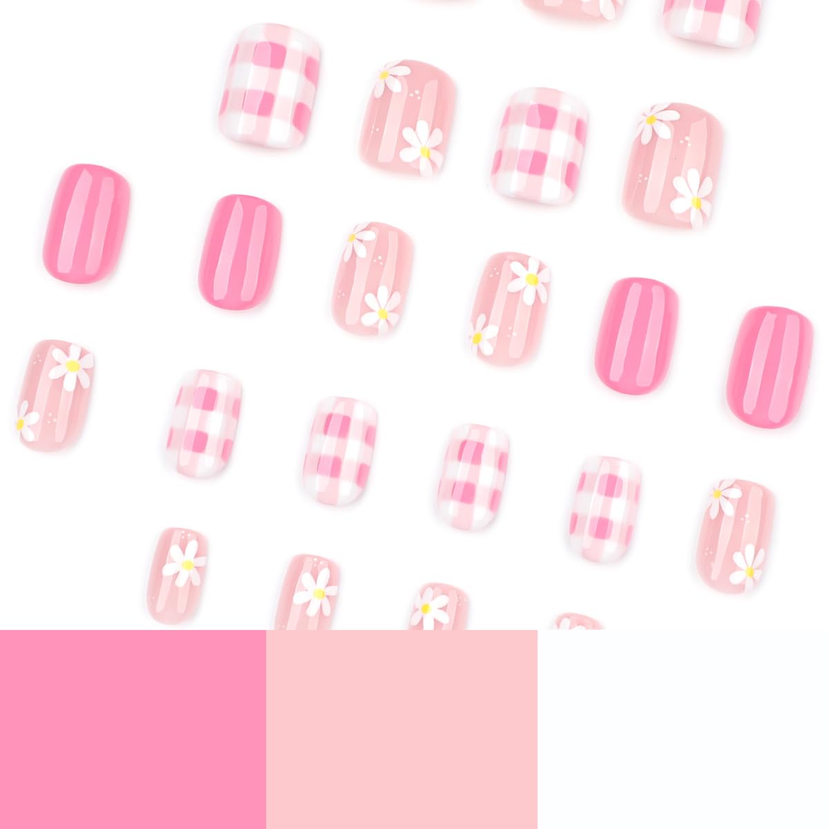 Spring Summer Pink Press on Nails witn Flower & Checkered Design - Short Square Fake Nails Full Cover Glossy Stick on Nails for Women 24PCS
