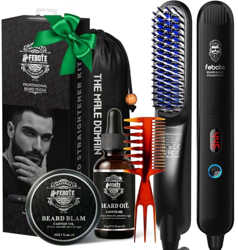 Heated Ionic Hair Straightening Brush for Men - 5 Temperature Settings, Anti-Scald, Beard Shaper & Travel Bag Blue - color: Blue