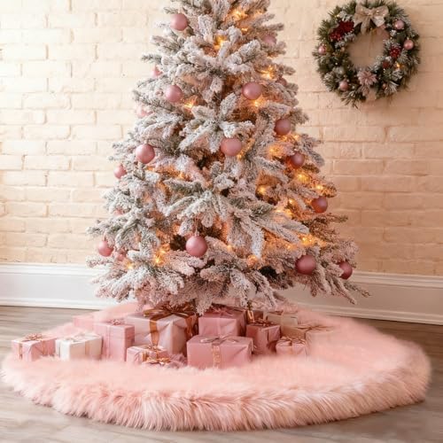 yuboo Salmon Pink Christmas Tree Skirt 48 inches, Fuzzy Fur Pastel Tree Skirt Rug Pink Christmas Decor for Slim Pencil Tree and 6-7 FT Christmas Trees