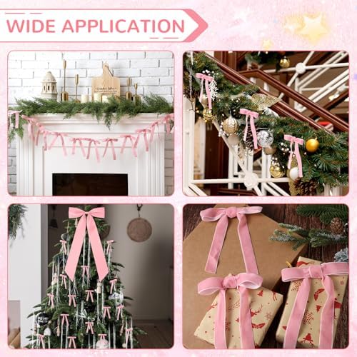 Shihanee Pink Christmas Bows Decor Set 1 Large Satin Christmas Tree Topper 24 Vintage Velvet Ribbon Bows with 3000 Strands Silver Tinsel Icicles Elegant Xmas Ornament for Holiday Wreath Gift Wrapping