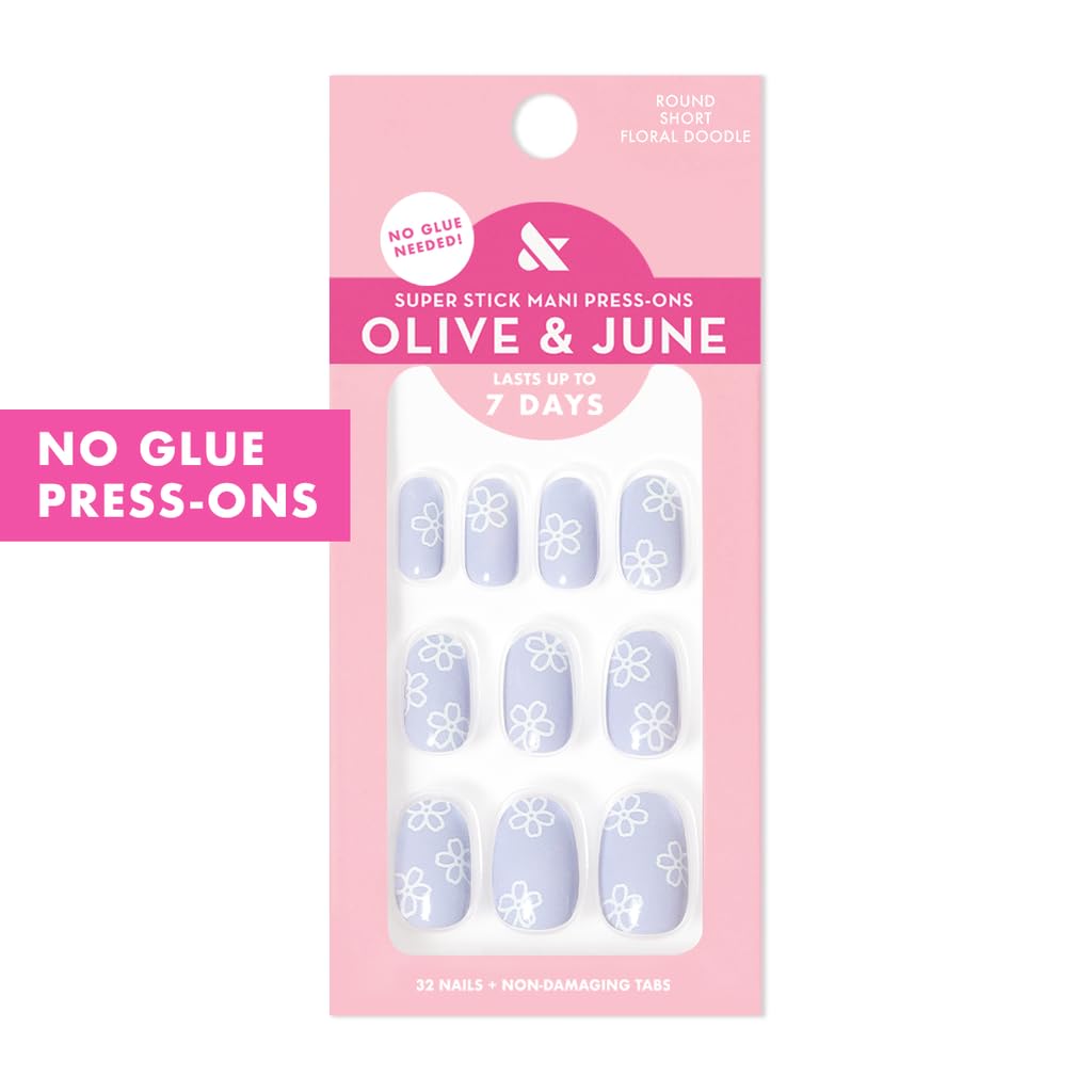 Olive & June Classic Super Stick Mani Press On Nails | No Glue Needed | 32 Tab Nails 16 Sizes | Non-Toxic Tabs Non-Damaging 7-Day Wear | Spring Flowers & Patterns | Short, Round | Floral Doodle