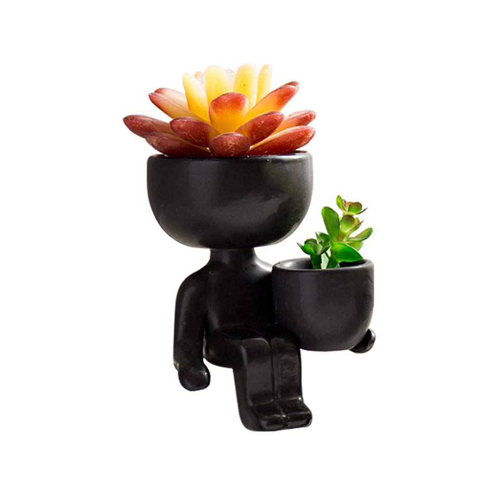 DIYOMR Humanoid Ceramic Flower Pot Succulent Cactus Bonsai Planter Pots Container, Ceramic Crafts Vase Home Office Decoration Desk Window Sill Decor,Not Include Plants (Black-B)