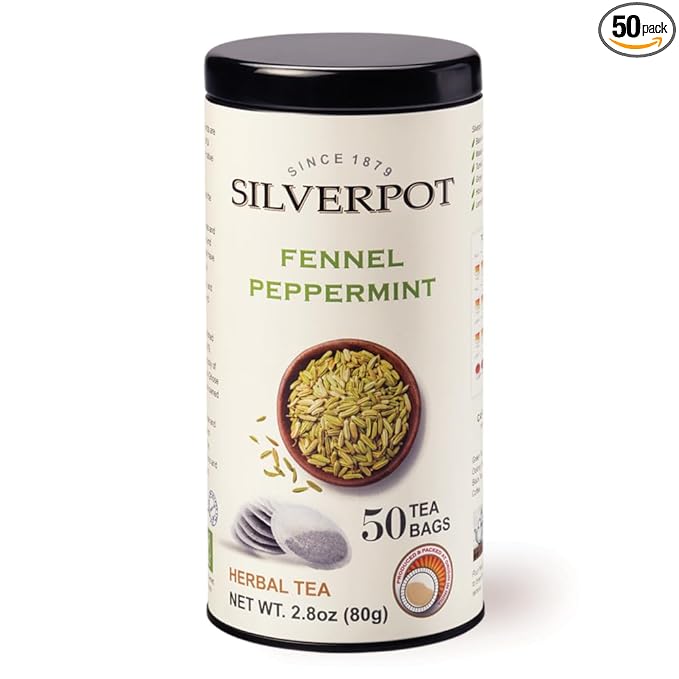 Silverpot Fennel & Peppermint - 50 Round Tea Bags | Naturally Caffeine Free | Fennel Seeds, Cooling Mint | Reusable Tin